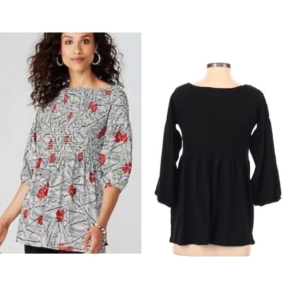 J. Jill Smocked Peasant Tunic 3/4 Sleeve Top - Black Sz S - Picture 1 of 9